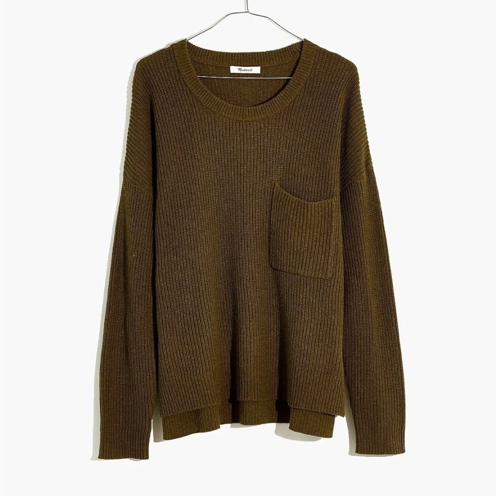 Madewell Thompson Pocket Pullover Sweater Dark Olive Green Oversized Ribbed M
